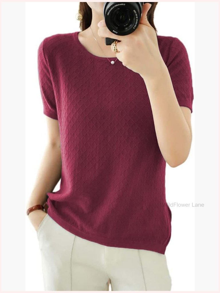 Short Sleeve Lightweight Cotton Knit Pullover Crew Neck Pointelle Sweater